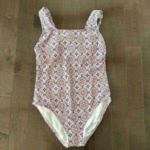 NWT Land End Womens Medallion One Piece Swimsuit Vacation White Blue M